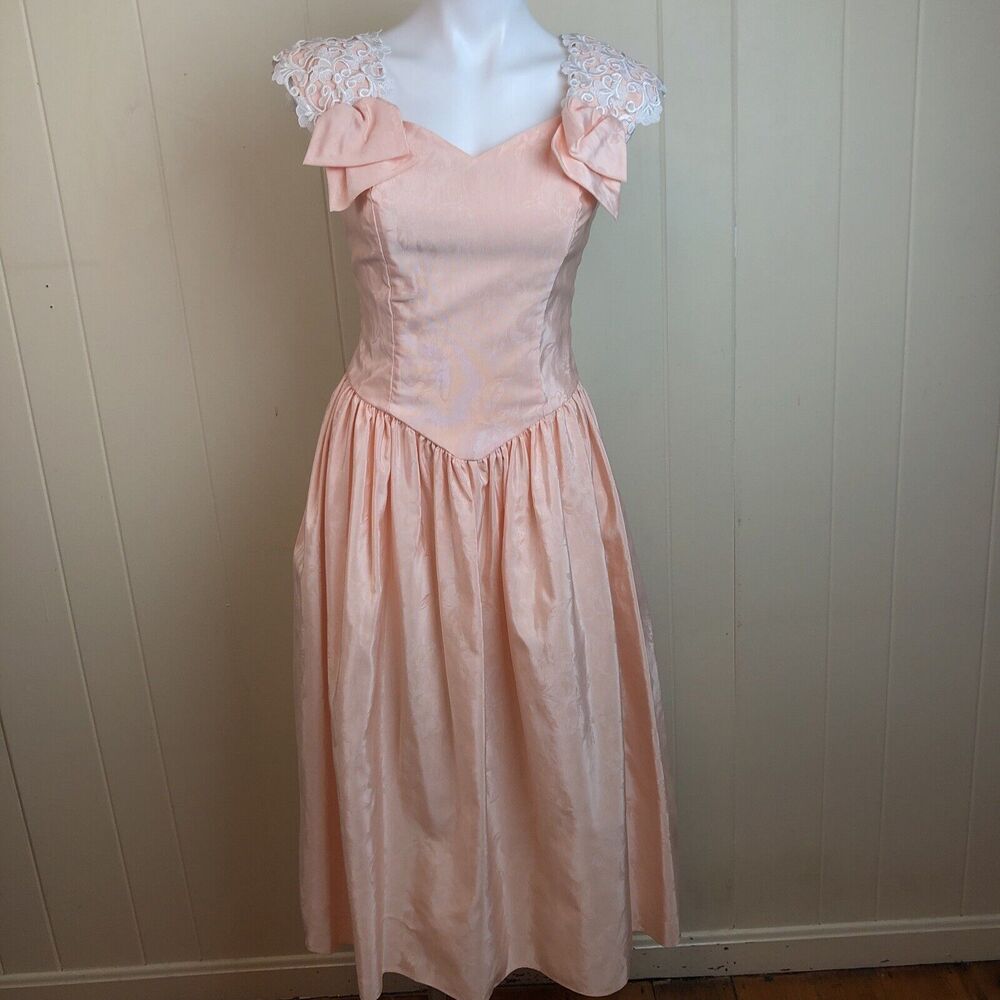 Vintage Peach Prom Dress XS Prairie Cottagecore Lace Bridesmaid Formal